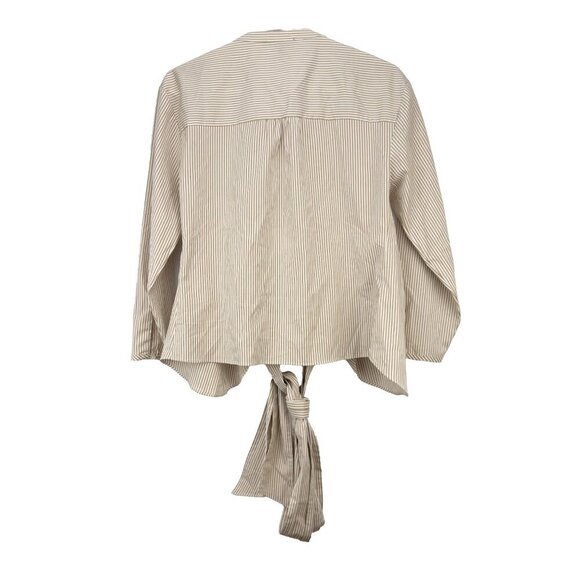 J. CREW *NWOT Tie Waist Wrap Mandarin Collar White & Moka Brown Striped Blouse S - Picture 6 of 6